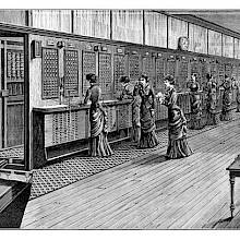 Central telephone office and exchange of avenue de l'Opéra, showing busy switchboard operators