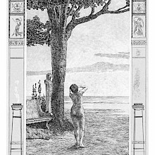 A naked woman is seen from behind on a shore, lamenting and holding her head in her hands