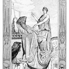 A baffled Jupiter is seen from the side sitting on a throne and holding a rod with Venus standing next to him