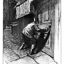 A man in a top hat holds his body stooped in front of a door as he turns a key in the lock