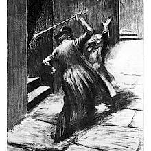 A man in a frock coat is seen from behind raising his cane to hit a distressed older man