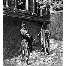 Two men in top hats stand in a courtyard as a hand shoots out of a window to pull it closed