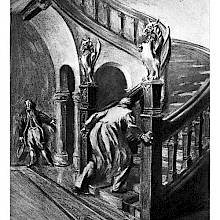 A bulky man rushes up a staircase while a butler stands frozen in shock at the back of the room