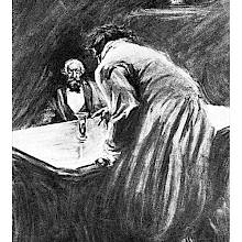 A man is seen from the back as he faces another man sitting at a table, gesturing toward a glass