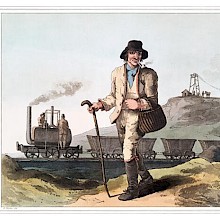 Hand-colored aquatint showing a coal miner returning from his work, smoking a pipe