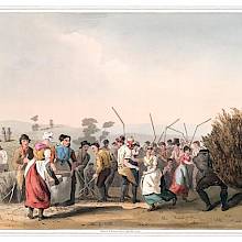 Hand-colored aquatint showing a group of field workers engaged in rape threshing