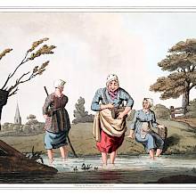 Two women stand in a stream, each carrying a small keg they use to keep the leeches they gather