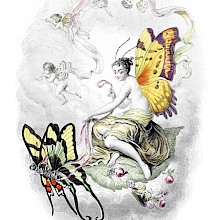 An anthropomorphic female butterfly seated on a leaf is being pulled by two more realistic butterflies