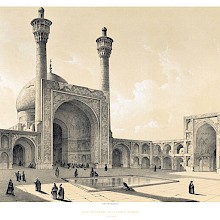 View of the courtyard of the Jameh Mosque, Isfahan, showing the south and west iwans and minarets