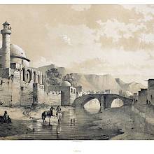 View of Tabriz featuring the Saheb-ol-Amr Mosque beside the Quru River, and a stone bridge