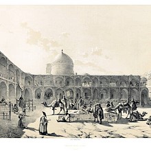 Tinted lithograph depicting merchants, camels, and goods in the bustling courtyard of a caravanserai