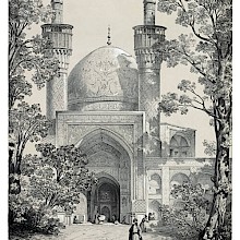 View of Chaharbagh School showing the minarets, dome, and entrance of the building