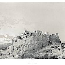 Tinted lithograph depicting Izadkhast Castle, an ancient fortified city perched on a rugged bedrock