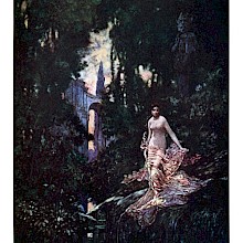 A nymph removes her gown on a rocky bank overlooking a stream that flows through a wooded area