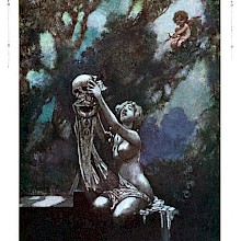 A half-naked woman sitting on a tomb holds up a skull in front of her, surrounded by moonlit woods