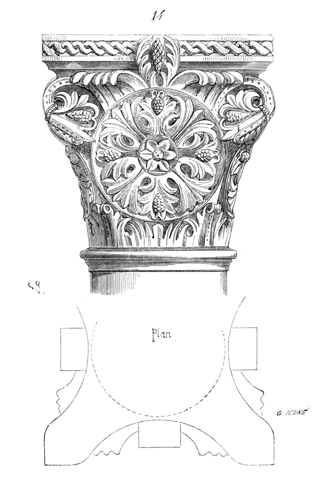 Romanesque Capital with Rosette | Old Book Illustrations
