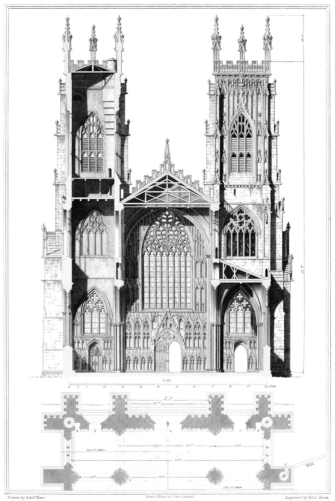 York Cathedral, Elevation and Section – Old Book Illustrations