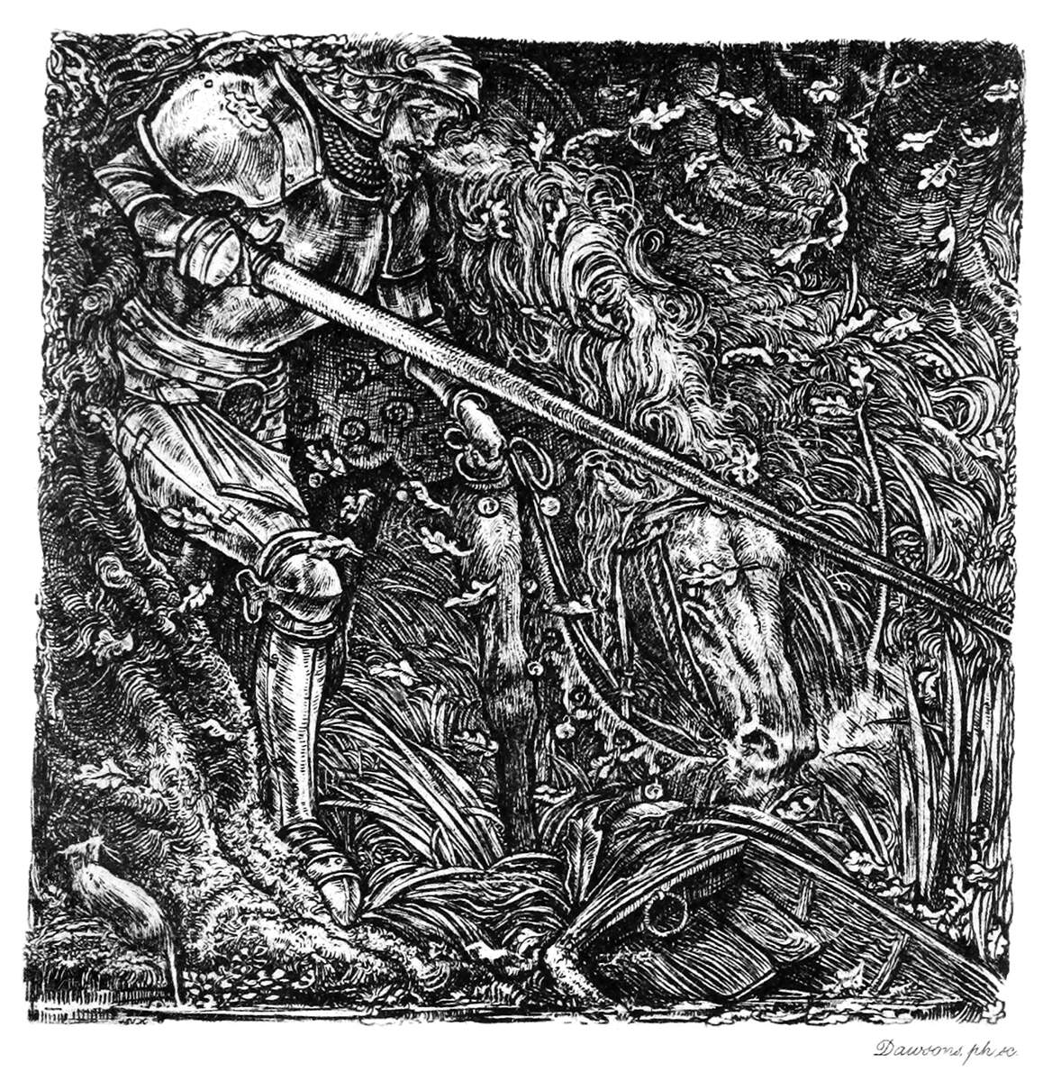 knight in the wood – old book illustrations